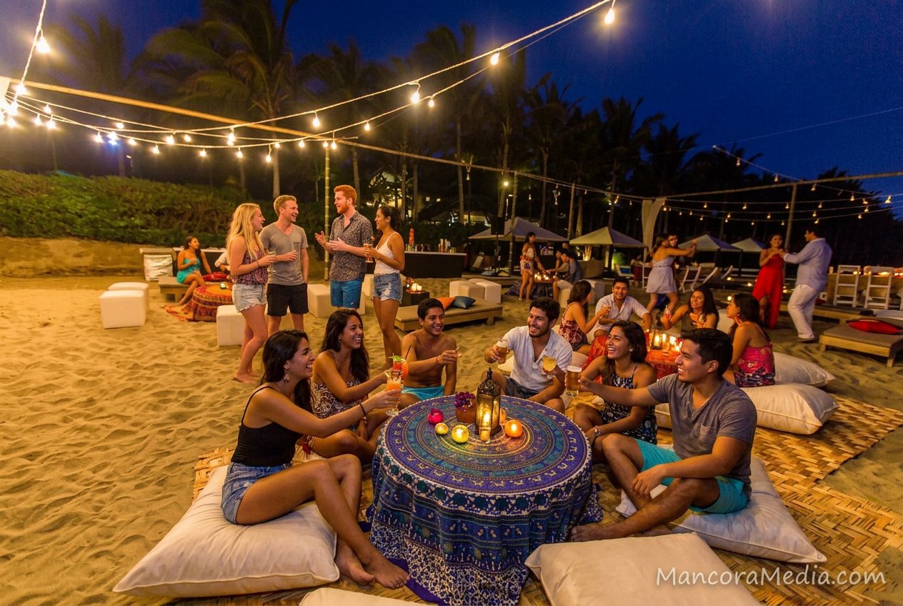 Amigos disfrutando una fiesta en la playa de noche en Las Pocitas, Máncora